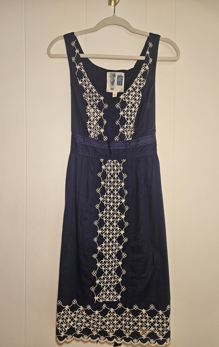 Vintage Anthropologie Edme & Esyllte Navy Embroidered Dress with Cream Lace